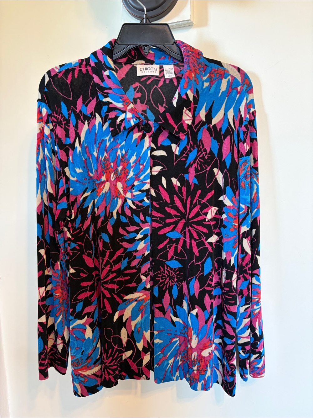 Chico’s Travelers Cardigan Size 2 L Floral Black Blue Pink Open Front Stretch